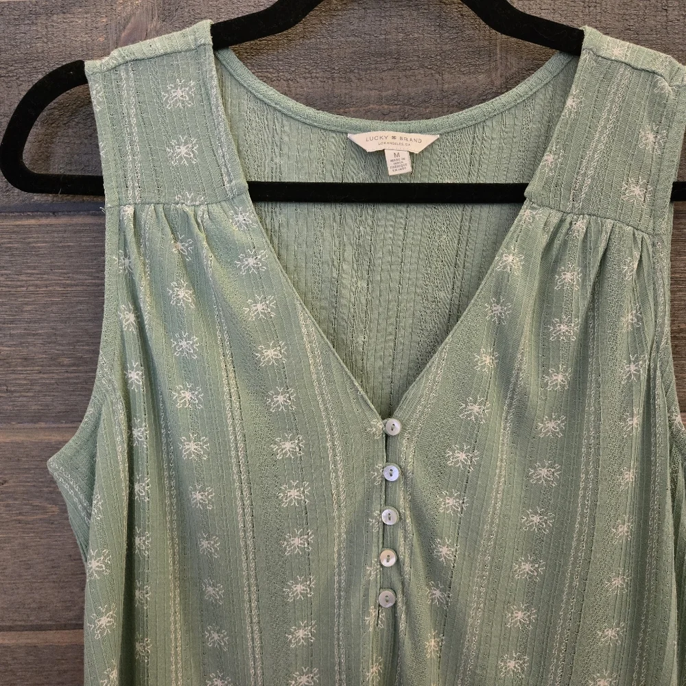 LUCKY BRAND Green & White Floral Printed Sleeveless Top - Size Medium - Picture 2 of 9